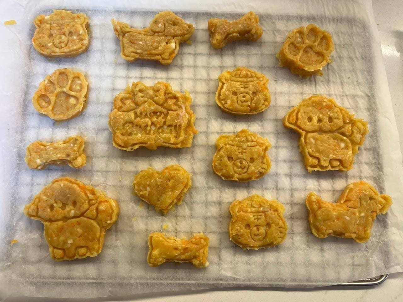 A tray of orange cookies shaped like bears, paws, bones and dogs