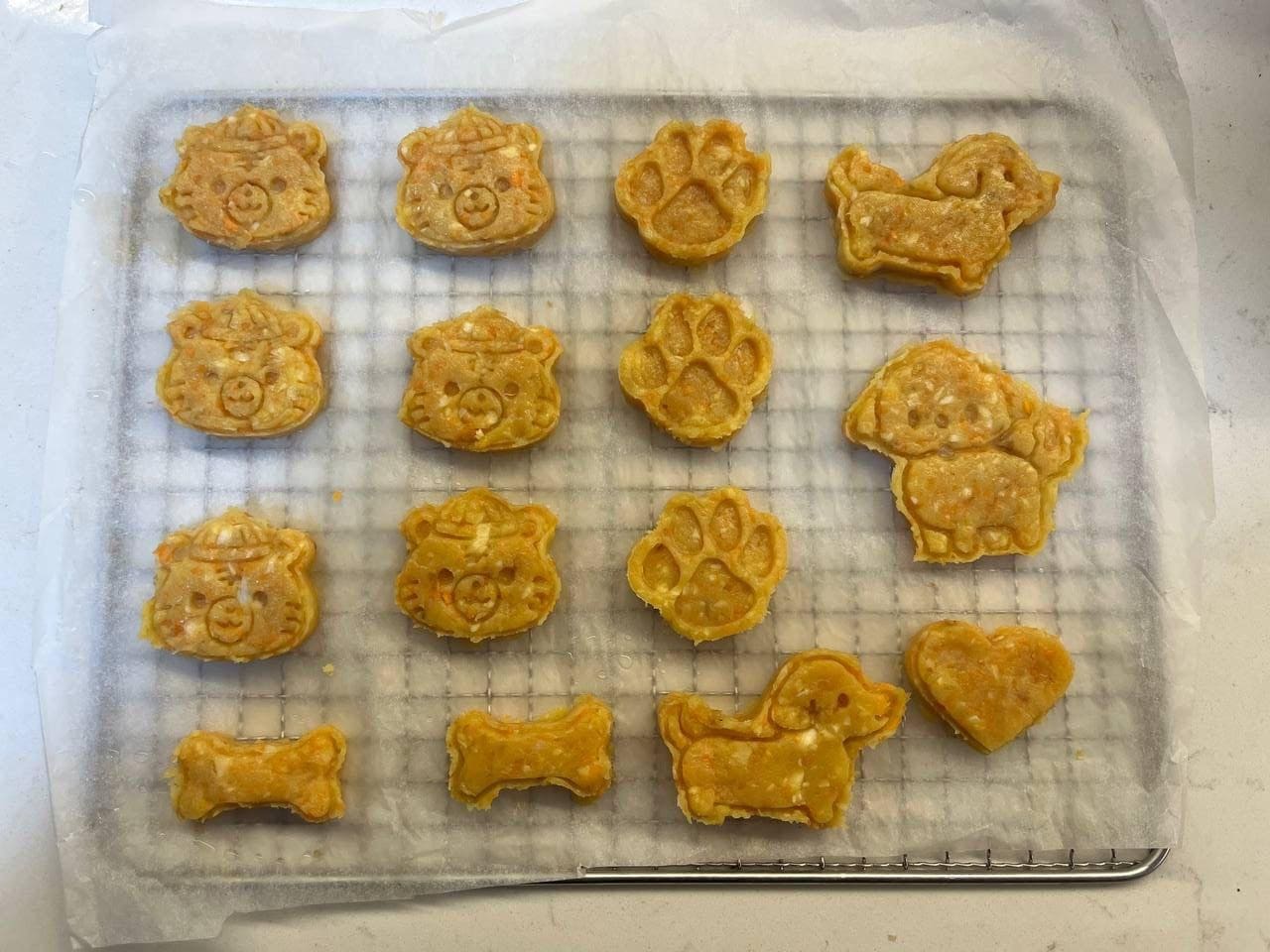 Orange cookies shaped like bear faces, paws, dogs, bones and a heart cooling on a wire rack