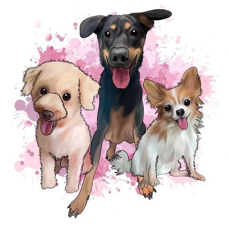 A watercolour drawing of our three dogs